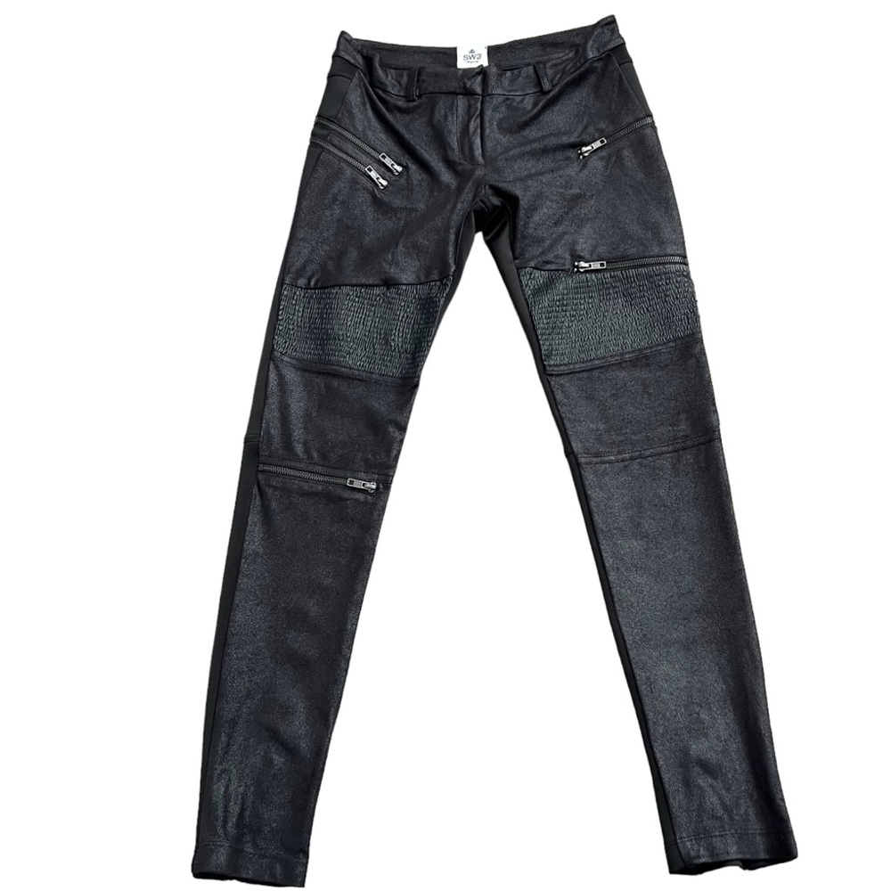 SW3 Bespoke Black Metallic Faux Leather Mixed Media Moto Leggings Skinny Pants